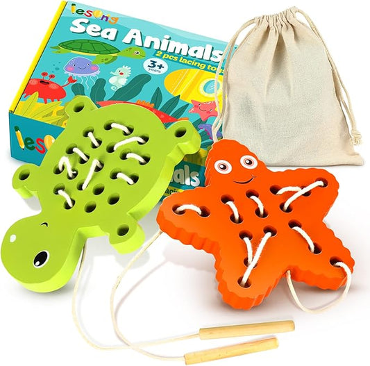 KLT Wooden Lacing Threading Toys for Toddlers Fine Motor Skills, 1 Turtle 1 Starfish Car Airplane Toddler Travel Toys, Wood Puzzle Educational Gifts Learning Montessori Toys for 3, 4, 5 Years Old Kids