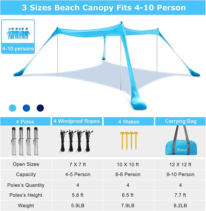 COMMOUDS Beach Tent Sun Shelter - UPF50+ Pop Up Beach Canopy with Sandbags & Sand Shovel & Windproof Poles, Portable Sun Shade for Beach, Camping, Picnics, Backyard