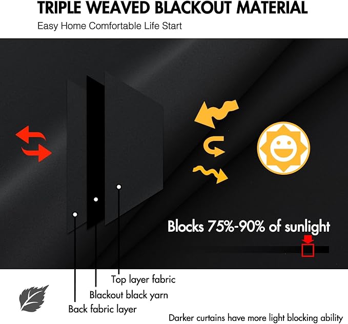 ANRODUO Back Tab Blackout Curtains for Bedroom Living Room, Rod Pocket Pinch Pleated Thermal Insulated Room Darkening Curtains 92 Inches Long 2 Panels, Black, 42 x 92 Inch