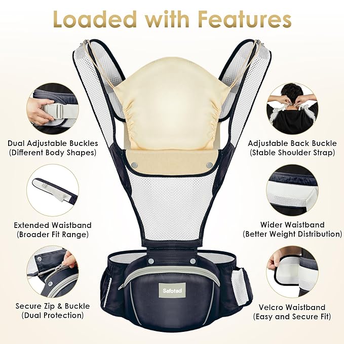 Baby Carrier Newborn to Toddler, Lightweight Ergonomic Baby Hip Seat Carrier Up to 33lbs, Adjustable Extended Waistband Infant Carrier with Breathable Sunshield, Navy Blue