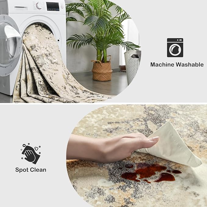 Kelarea 6x9 Rug for Living Room, Beige Washable Non-Slip Rugs, Modern Abstract Large Rugs Low Pile Soft Carpet for Bedroom, Kitchen, Dining Room, Classroom, Dorm, Nursery, Home Office