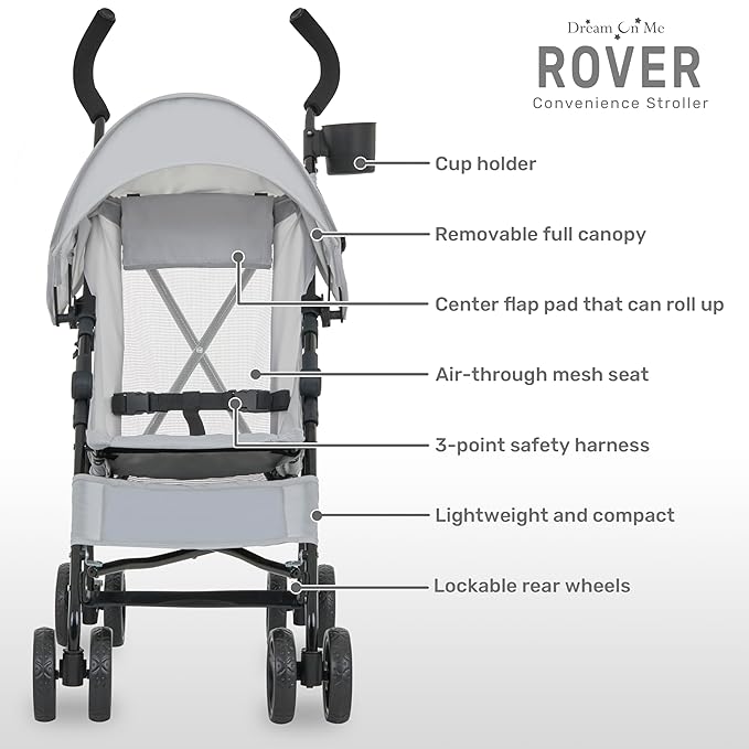 Dream On Me Rover Convenience Baby Stroller in Gray, Lightweight & Compact Umbrella Stroller, Easy one-Hand fold Travel Stroller, Lockable Rear Wheels, Removable & Adjustable Canopy