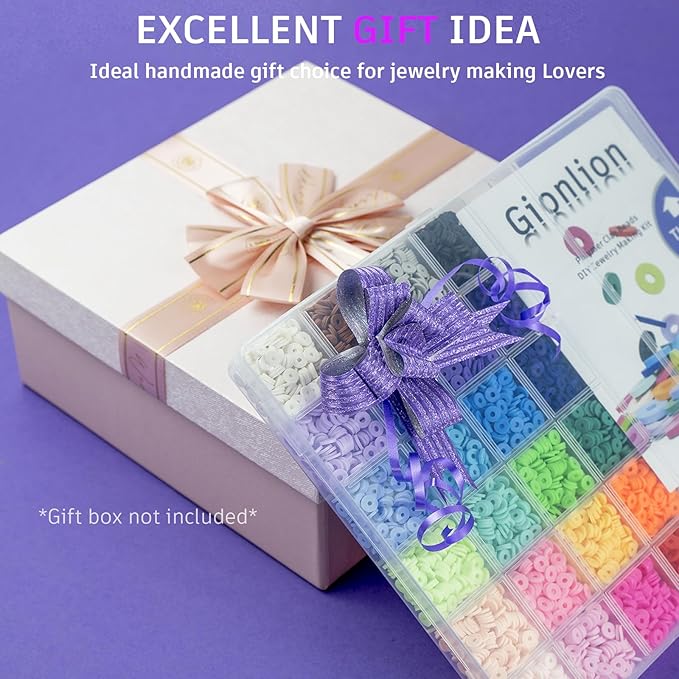 Gionlion 6000 Clay Beads Bracelet Making Kit, 24 Colors Flat Preppy Beads for Friendship Bracelets, Polymer Clay Bead with Charms for Jewelry Making, Crafts Gifts for Girls Ages 6-12