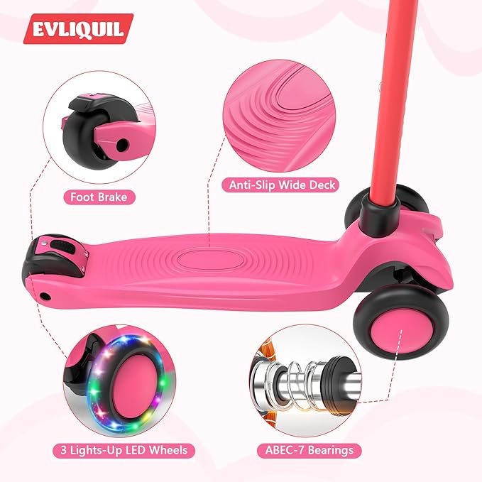 Kids Scooter,Lighted Wheels and 3 Adjustable Height Handlebars Scotters for Kids 3-12,3 Wheel Toddler Kick Scotter for Boys & Girls up to 132 Lbs.