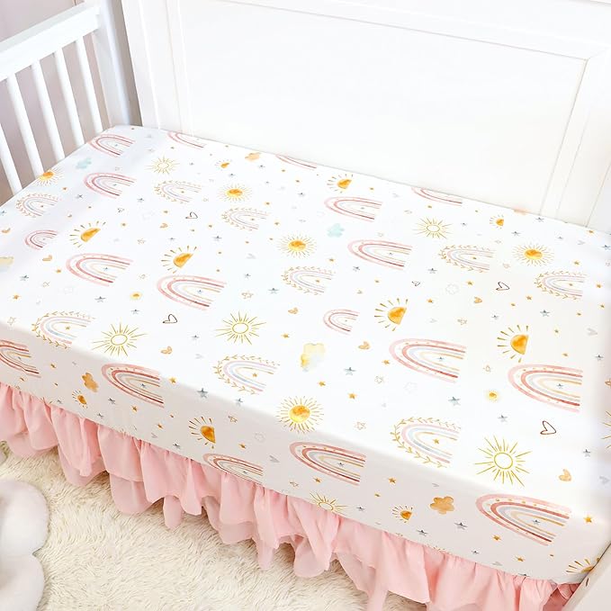 4-Piece Crib Bedding Set for Girls, Includes Comforter, Fitted Crib Sheet, Crib Skirt, and Diaper Stacker, Pink Rainbow