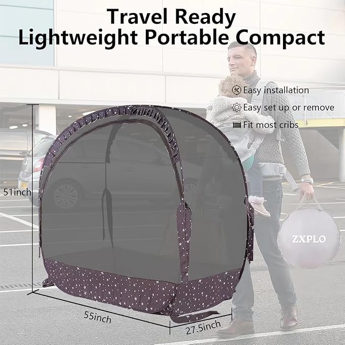 Baby Safety Crib Tent Infant Pop up Mosquito Net Nursery Bed Canopy Netting Cover - Keep Baby from Climbing Out with Hanging Diaper Storage Bag (Dark Gray)