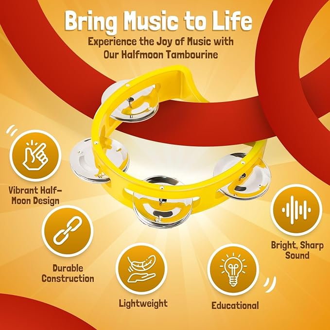 Flexzion Tambourine Hand Bell Percussion Musical Instruments Set of 2 Pack (Red /Yellow), Plastic Music Instrument Half Moon Mini D Handheld Shaker with 4 Pairs Jingle Bells