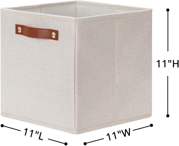 HNZIGE Foldable Storage Cubes Bins for Organizing, Set of 4, Fabric Cube Canvas Storage Bins 11 x11, Collapsible Bins for Organization with Handles for Shelf Nursery(Beige)