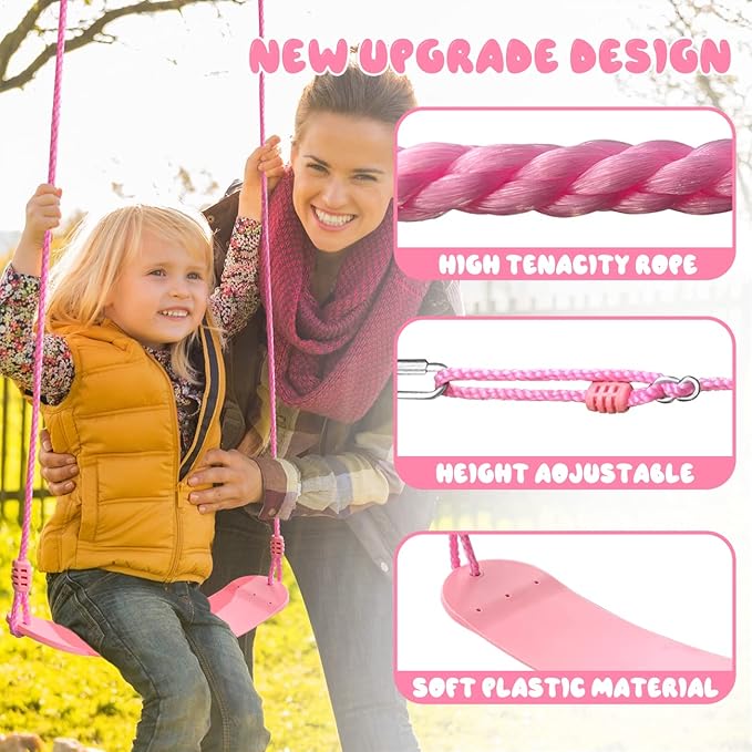 440lbs 2 Seat Kids Swing Sets for Backyard, 1 Saucer Tree Swing 32 inch, 1 Belt Swings, Heavy Duty Metal Swing Stand with Anchors(Pink+Blue)