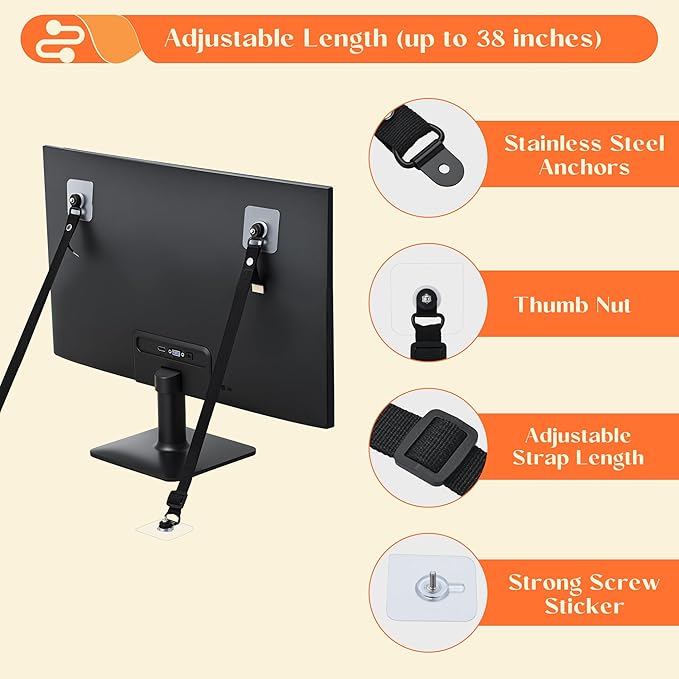 2 Pack TV Safety Straps Adjustable, Adhesive Anti-Tip Furniture Anchor for Flat Screen, TV and Furniture Safety Straps for Baby Proofing, Black