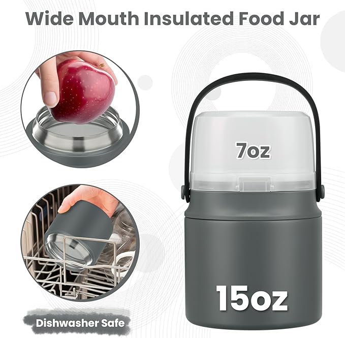 2-in-1 Insulated Food Jar & Snack Container - 15oz Kids Soup Thermos for Hot Food with Handle and Spoon, Leak Proof Reusable Toddler Snack Box, Perfect for School & Travel, Grey