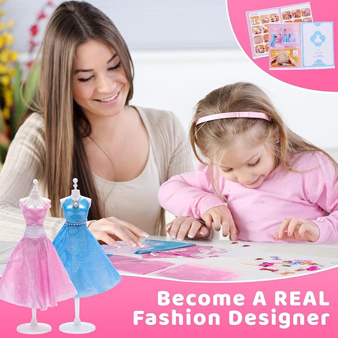 AHCo. Fashion Designer Kit with 5 Mannequins & 2 Extra Poseable Dolls, Sewing & Arts Crafts Kit for Girls Ages 5 6 7 8-12, Creative Birthday Gift for Kids