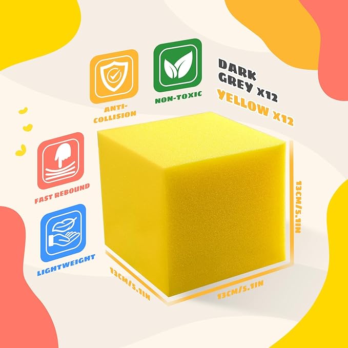 Foam Pit Cubes, 24 PCS 5 Inches Gymnastics Foam Blocks Trampoline Blocks, Multi-Sport Protective Padding for Gymnastics, Trampoline, Parkour, Skate Parks & BMX - Dark Grey & Yellow