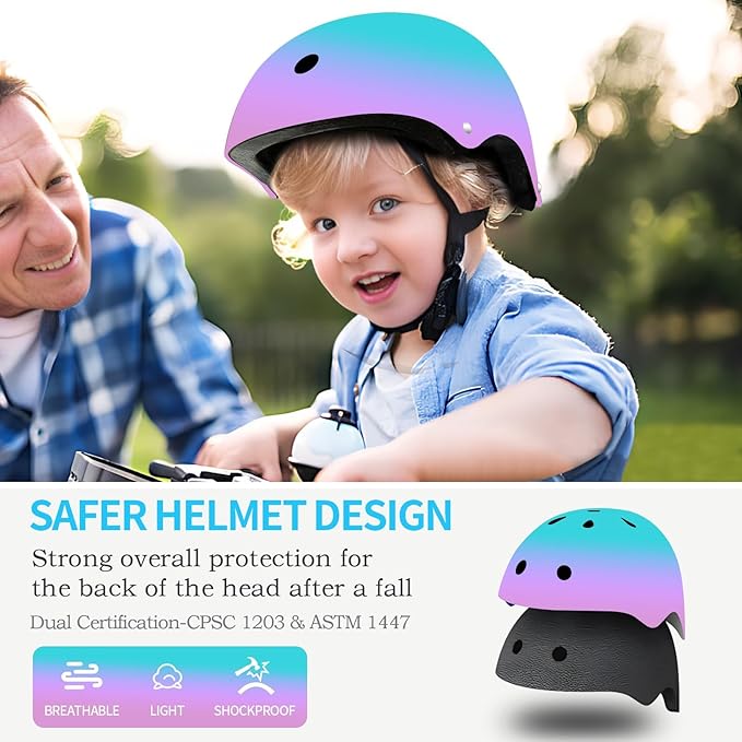 Adjustable Kids Bike Helmet with Knee & Elbow Pads Set, Color Gradient Design for Boys and Girls Aged 3-14+, for Skateboarding, Scooter, Roller & Inline Skating, Longboard