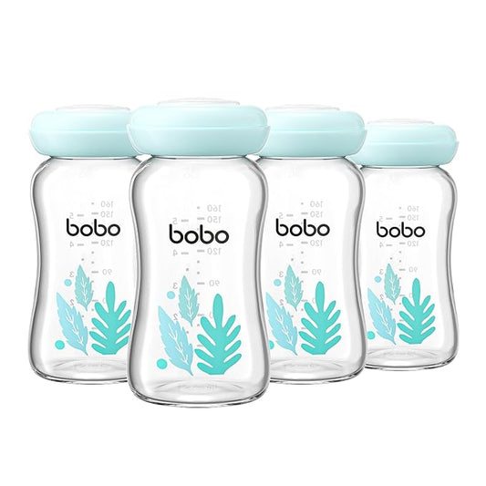 YOHKOH Glass Breast Milk Storage Bottles - 100% Leak-Proof, BPA-Free Breastmilk Storage Containers, Freezer & Dishwasher Safe, Ideal for Nursing Mothers (Blue, 5.4oz (Pack of 4))