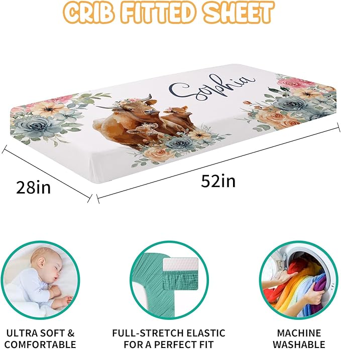 Custom Crib Bedding Set - Highland Cow Design Personalized Name Baby Nursery Bed 3 Pcs Set - Chic Soft Blanket with Dotted Backing, Sheet, Pillowcase for Newborn Girls Boys Gifts Color03