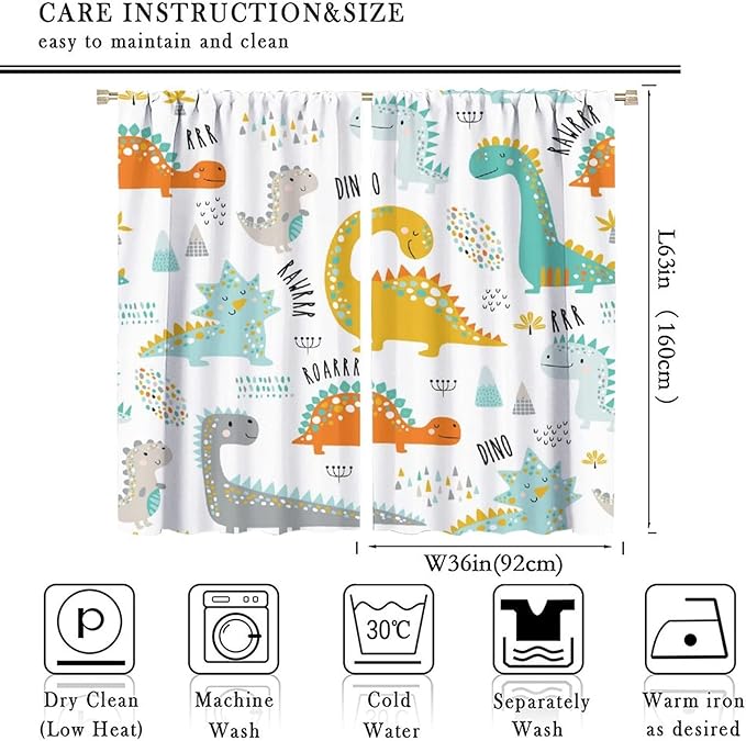 Dinosaur Curtains for Kids Boys Girls Home Decor Childish Cute Dino Animals Print Pattern Rod Pocket Blackout Window Drapes for Nursery Baby Bedroom Playroom W36xL63in 2 Panels