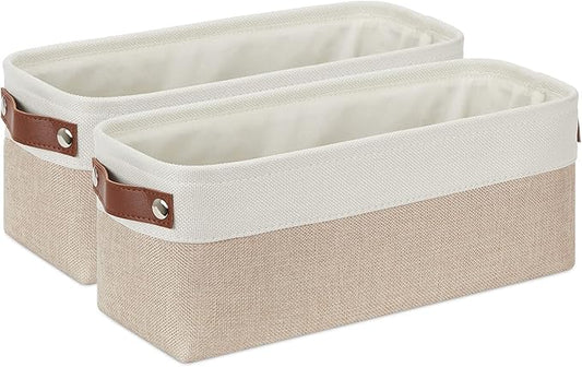 DULLEMELO 2-Pack Bathroom Baskets for Toilet, Small Storage Bins for Organizing Closets, Cabinets, Shelves, Canvas Fabric Storage Basket Bins With Leather Handles for Empty Gift Basket (White&Khaki)