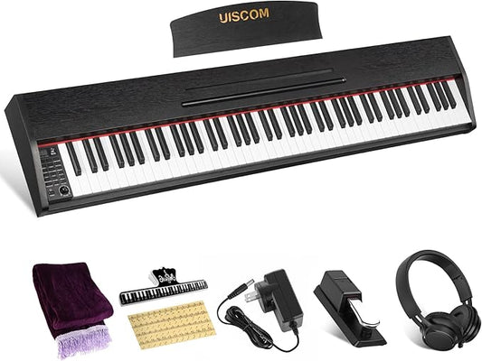 88 Key Digital Piano Keyboard for Beginners,Full Size Electric Piano Semi-Weighted Keyboard with Sheet Music Stand,Pedal,Headphone,Power Adapter,USB-MIDI Compatibility,Wood Grain Black