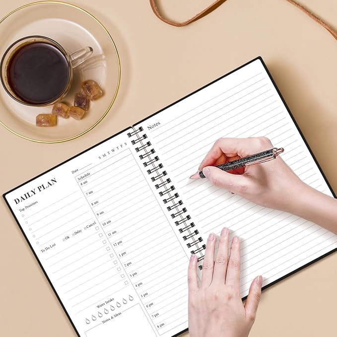 Daily Planner Undated - A5 To Do List Notebook Hourly Schedules, Spiral Appointment Planner for Women and Men, PVC Hardcover, Inner Pocket, Elastic Closure, 5.8" x 8.3", Black