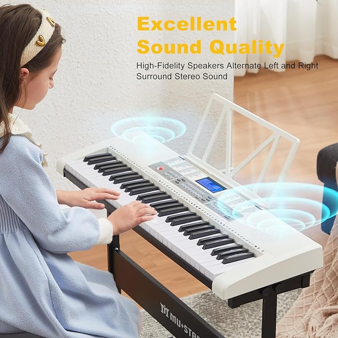 61 Key Piano Keyboard, Electric Keyboard Piano with Light-Up Keys, 255 Tones/Rhythms, Smart Learning System, Headphone, Microphone, Keyboard Stand, Stool, Stickers, Piano Keyboard Set for Beginners