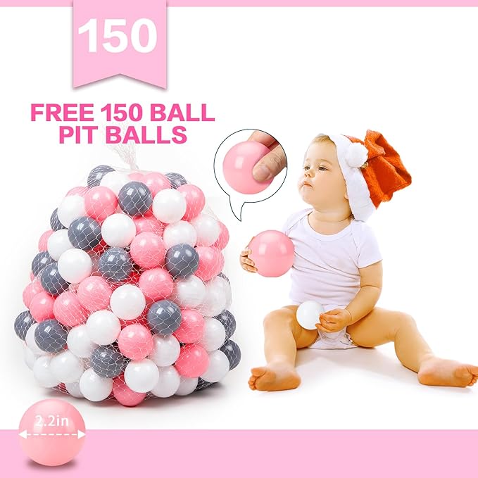Baby Ball Pit for Toddler with 150 Balls, Kids Pop Up Play Tent for Girls, Princess Toys for Children Indoor & Outdoor Playhouse with Carry Bag (Celadon: Pink/White/Gray, 109x90cm/150 Balls)