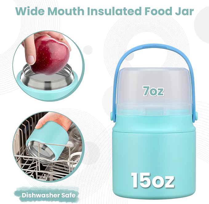 2-in-1 Insulated Food Jar & Snack Container - 15oz Kids Soup Thermos for Hot Food with Handle and Spoon, Leak Proof Reusable Toddler Snack Box, Perfect for School & Travel, Tiffany Blue