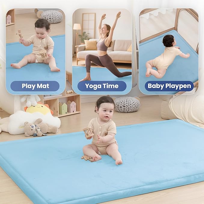 Baby Play Mat for Floor,1.3" Thick Elasti-Foam 50x50 Playpen Mat for Toddlers Infant kids,Water-Repellent Soft Coral Velvet for Tummy Time,Non-Slip Backing for Crawling,Tatami Style(Light Blue)