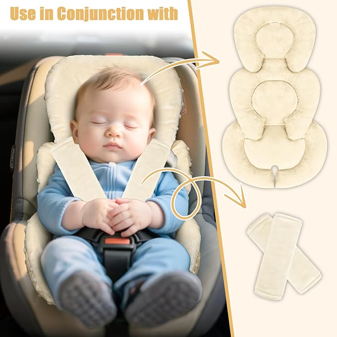 GFU Infant Car Seat Insert Head and Body Support, Reversible Newborn Insert for Carseat with Strap Pads, Soft Stroller Cushion Pillow Insert for Boys and Girls, Fits for Stroller, Swing, Beige