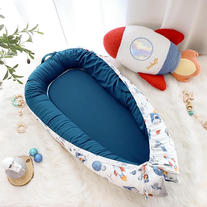 Baby Lounger Cover for Boys Girls, Reversible Baby Nest Cover, Adjustable Baby Lounger Replaceable Cover for Infant Newborn, Portable and Machine Washable, Cotton Blue Rocket Cover Only