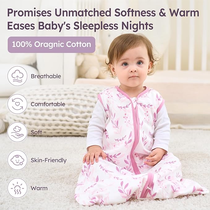 Baby Sleep Sack 12-18 Months 3 Pack 100% Cotton Lightweight 0.5 TOG Wearable Blanket Baby Sleep Bag with 2-Way Zipper for Newborn Infant Purple Leaf