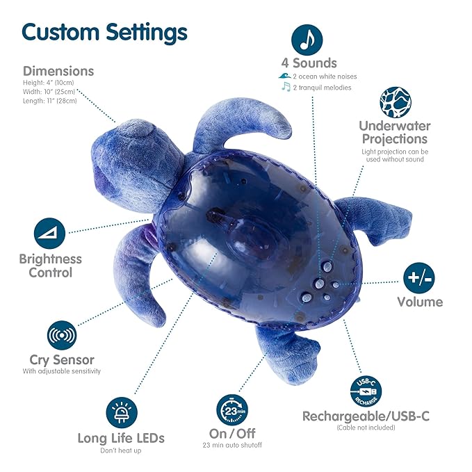 Cloud b Ocean Projector Nightlight with 2 White Noises & 2 Soothing Sounds | Adjustable Settings | Cry Sensor | Tranquil Turtle - Ocean (Rechargeable)