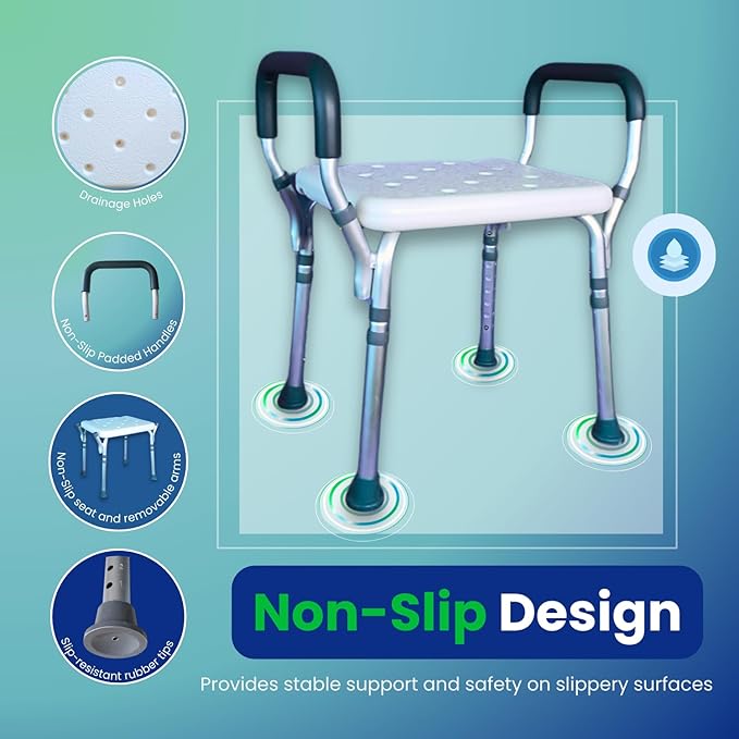 HEALTHLINE Adjustable Shower Bench with Arms – Lightweight Bath Seat with Padded Handles, Height 15"–20", White Plastic Seat with Drainage Holes, for Balance Assistance in Shower/Tub, 300 lb Capacity