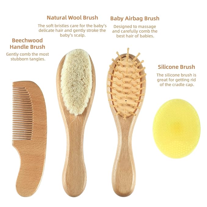 Baby Hair Brush and Comb Set (4-Piece) for Newborn - Wooden Baby Hairbrush Set，A Beechwood Brush, Baby Airbag Brush, Beech Handle Brush, and Prevent Cradle Cap Silicone Brush - Ideal Registry Gift