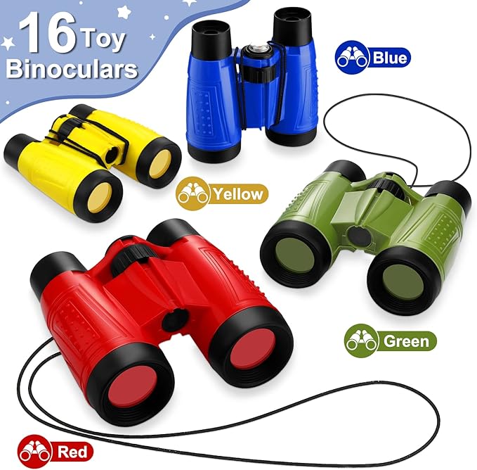 Deekin 16 Toy Binoculars for Kids with Neck String Learning Novelty Binocular Bulk Jungle Safari Hunting Party Favor for Explorer Gifts Bird Watching Camping Hunting, 4.3 x 4.1 Inch(Multicolor)