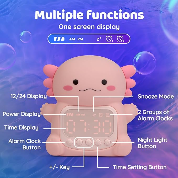 Axolotl Alarm Clock with Night Light for Kids, Rechargeable Silicone Lamp Time to Wake Clock，Cute Animal Tabletop Lamp, Perfect Sleep Companion for Boys Girls
