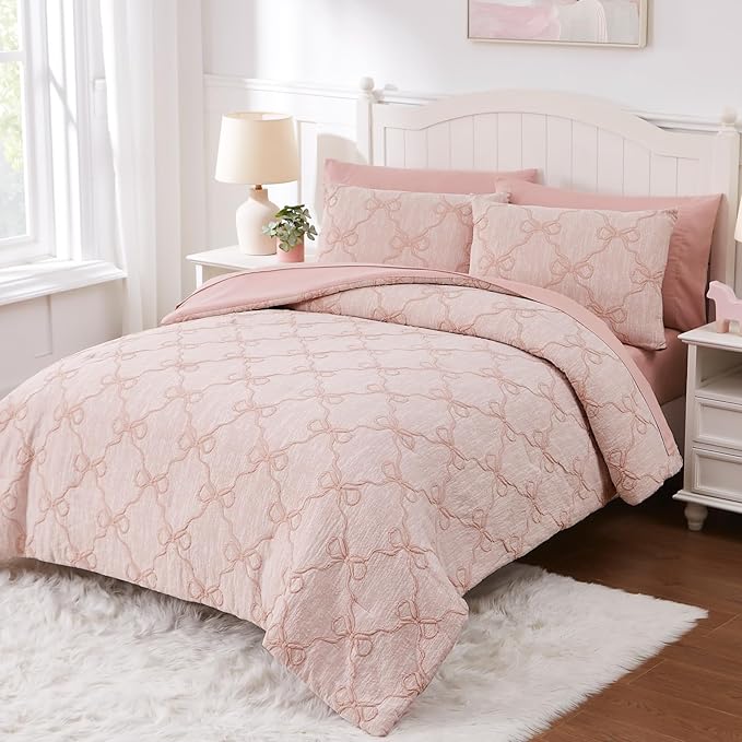 Full Size Comforter Sets with Sheets for Girls-7 Pieces Full Size Bedding Sets with Pink Comforter, Sheets, Pillowcases & Shams for Kids (Pink Diamond, 76" X 86")