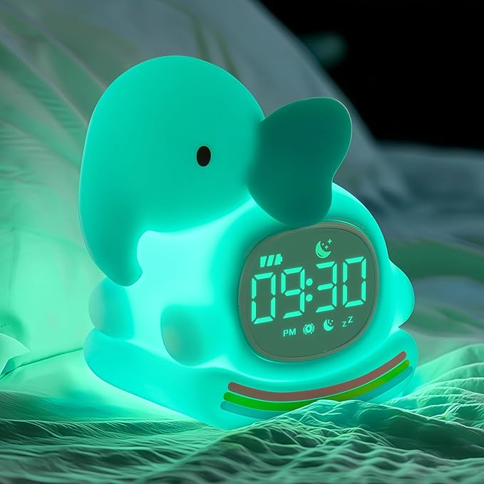 Alarm Clock for Kids with Night Light, Sleep Training Clock Time to Wake Clock, Rechargeable Silicone Light for Bedroom, Perfect Sleep Companion for Boys Girls, Green Elephant