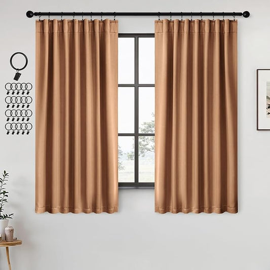ANRODUO Back Tab Blackout Curtains for Bedroom Living Room, Rod Pocket Pinch Pleated Thermal Insulated Room Darkening Curtains 63 Inches Long 2 Panels, Brown, 42 x 63 Inch