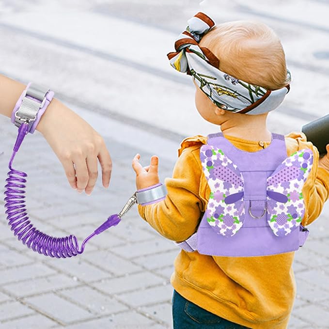 Accmor Toddler Harness Leash + Anti Lost Wrist Link, Kids Butterfly Harnesses With Children Leashes, Cute Baby Leash Walking Assistant Wristband Strap Tether for Girls Outdoor (Purple)