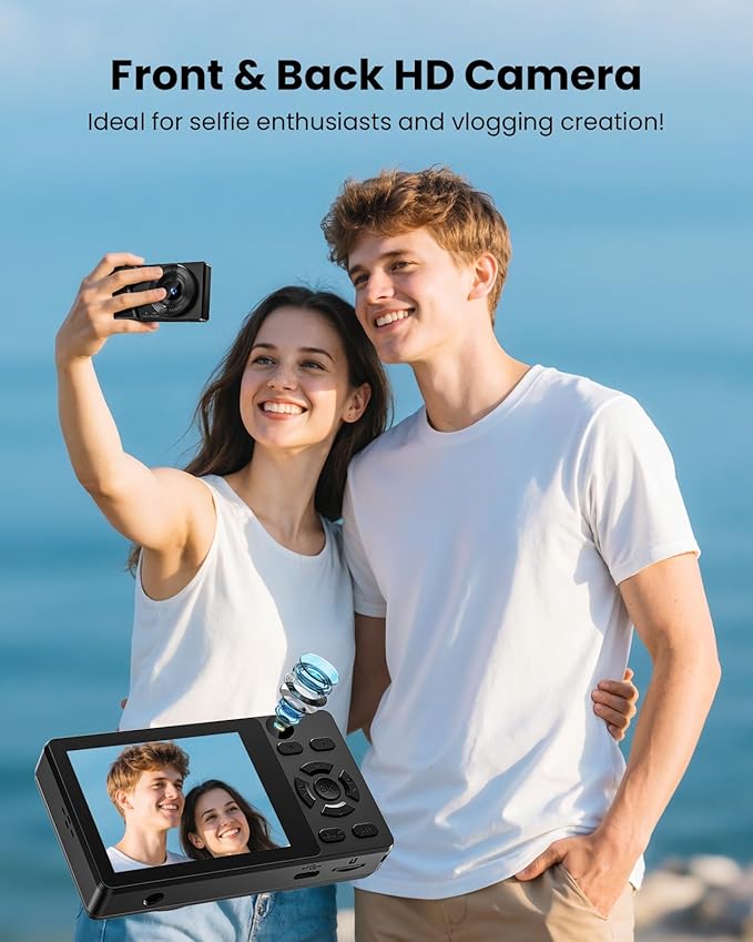 Digital Camera with Front Rear Lens, Autofocus 64MP 4K Camera for Photography with 32GB Card, Portable Compact Point and Shoot Camera for Teens Adult Beginner with Metal Shell, 2000mAh Battery