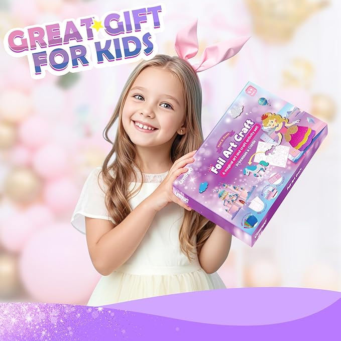 Foil Arts and Crafts for Kids Ages 4-8, Large Size Princess Fun Foil Art Craft Supplies Kits, No Mess DIY Creative Activity Travel Toys, Foam Sticker Coloring Books,Party Favor Birthday Gifts for Kids