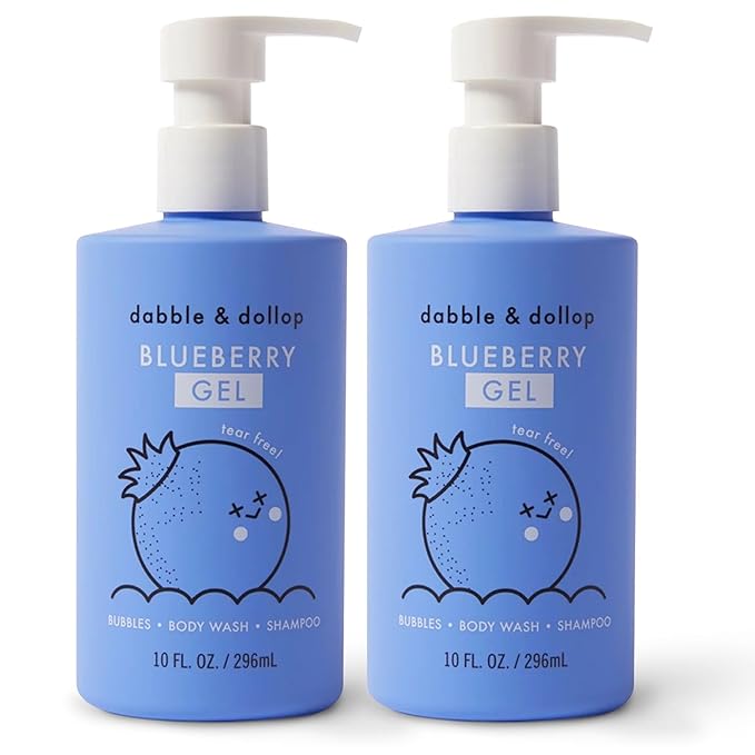 Dabble & Dollop Blueberry Body Wash & Shampoo - 3 in 1 Natural Bubble Bath for Kids, USA-Made, Paraben & Sulfate Free, Vegan, Gluten-Free, Tear-Free (10oz, Pack of 2)
