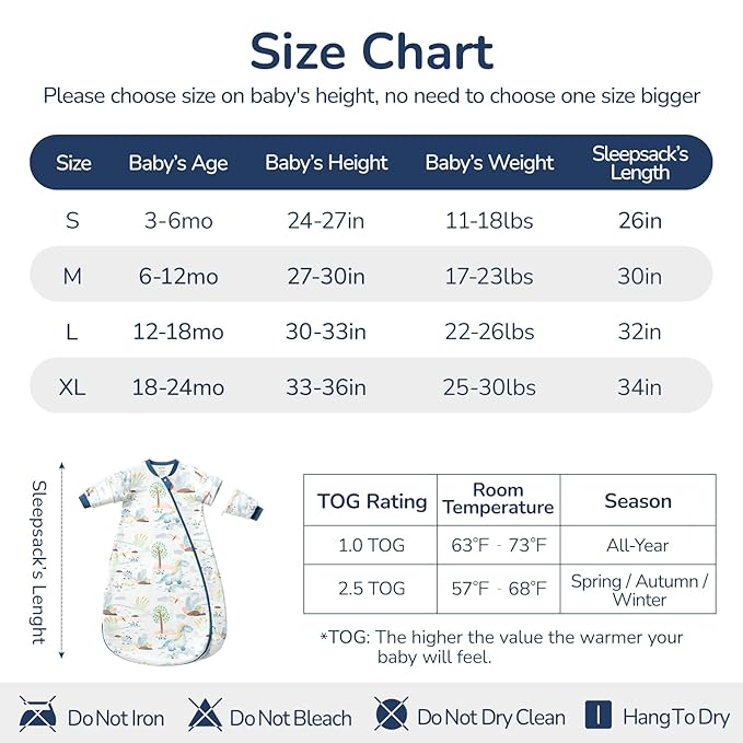 Baby Sleep Sack 18-24 Months, Cotton Detachable Long Sleeve Sleep Sack, 2.5 Tog Toddler Sleeping Sack with Temperature Strips, 2-Way Zipper Wearable Blankets for Newborns, Dinosaur