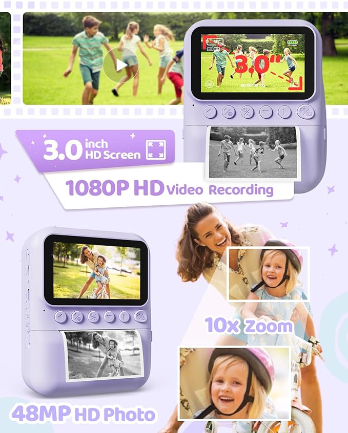 Kids Camera Instant Print for Girls Ages 3-14, 3-inch HD Screen Camera for Kids with Printing Paper, 1080P Digital Toddler Toys for 4 5 6 7 8 9 10 11 12 Years Old (Purple)