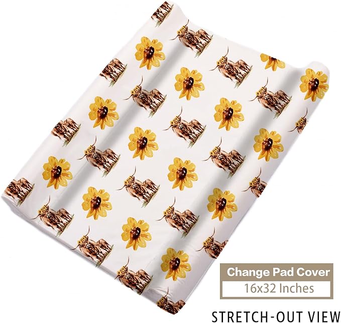 Custom Name Crib Bedding Set - Highland Cow Theme, Personalized Yellow Floral Nursery Bedding 3-Piece Set– Soft Blanket, Fitted Sheet, Changing Pad Cover – for Newborns Girls Nursery Gifts