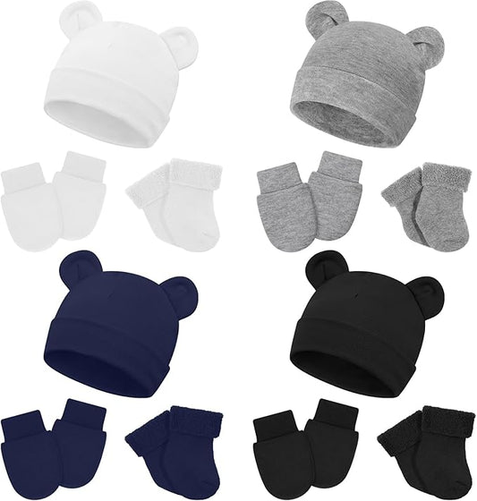 Cuffbow 4 Pcs Preemie Hats Mittens and Socks Set Preemie Mittens Warm Terry Socks for Baby