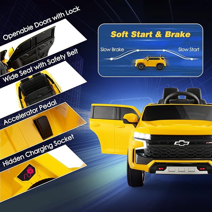 Costzon Ride on Car, 12V Licensed Chevrolet Tahoe Battery Powered Electric Vehicle w/ 2.4G Remote Control, High/Low Speed, Music, Lights, MP3/USB/FM, Spring Suspension, Electric SUV for Kids (Yellow)