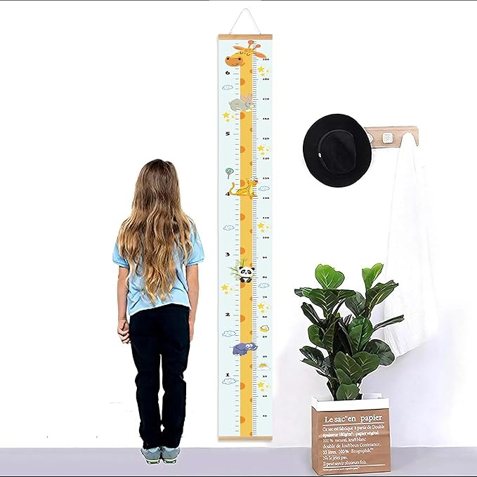 Kids Growth Chart, Wood Frame Fabric Canvas Height Measurement Ruler from Baby to Adult for Child's Room Decoration 7.9 x 79in (7.9 x 79in, Giraffe)