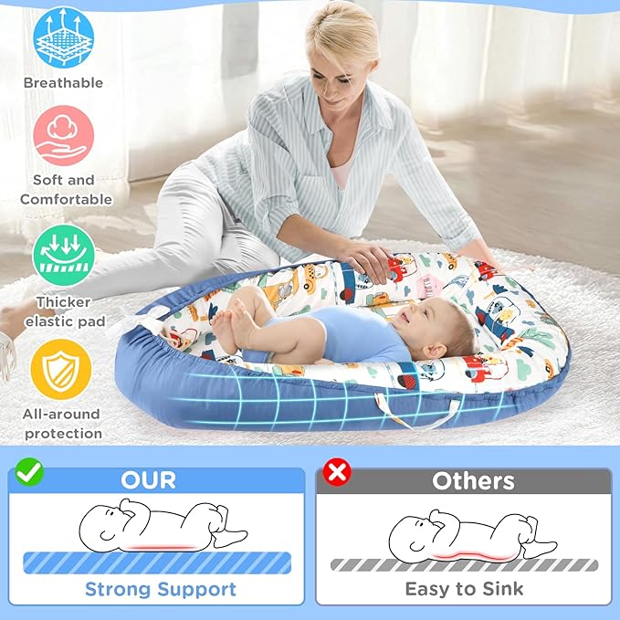 Baby Lounger - Baby Lounger for Newborn 0-24 Months, Breathable and Soft Cotton Cover Baby Nest, Portable Cozy Tummy Time Lounger for Home and Travel, Ideal Baby Essentials & Shower Gifts